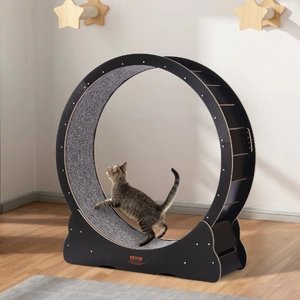 Wooden Cat Exercise Wheel, 43.3" Large Cat Treadmill Wheel for Indoor Cats, Cat Running Wheel with Detachable Carpet & Cat Teaser for Running/Walking/