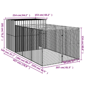 Dog House with Run Light Grey 214x457x181 cm Galvanised Steel