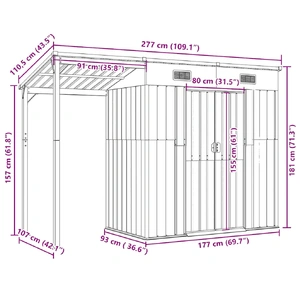 Garden Shed with Extended Roof Brown 277x107x181 cm Steel