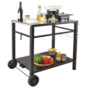 Outdoor Grill Dining Cart with Double-Shelf, 85*55cm BBQ Movable Food Prep Table, Multifunctional Iron Table Top, Portable Modular Carts for Pizza Ove