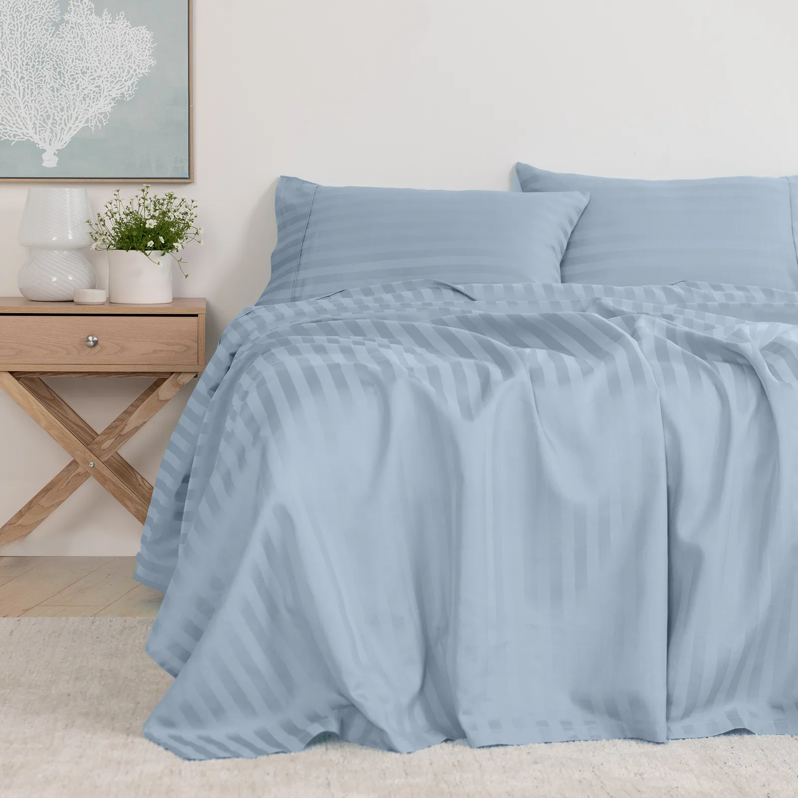 Royal Comfort 1200TC COTTON STRIPE -3PC FITTED COMBO SETS QUEEN CHAMBRAY