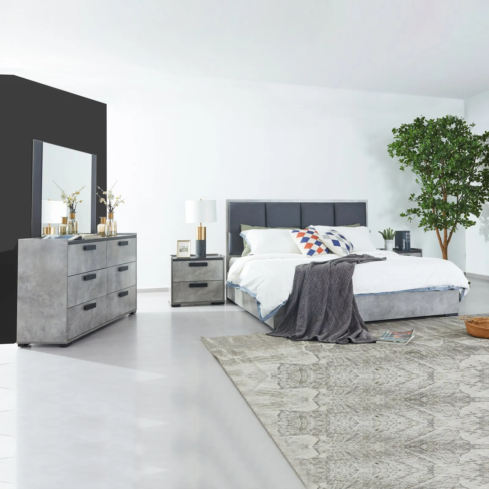 Queen 4 pcs Bedroom Suite with Dresser Fabric Upholstery MDF Combination of Black & Cement Colour