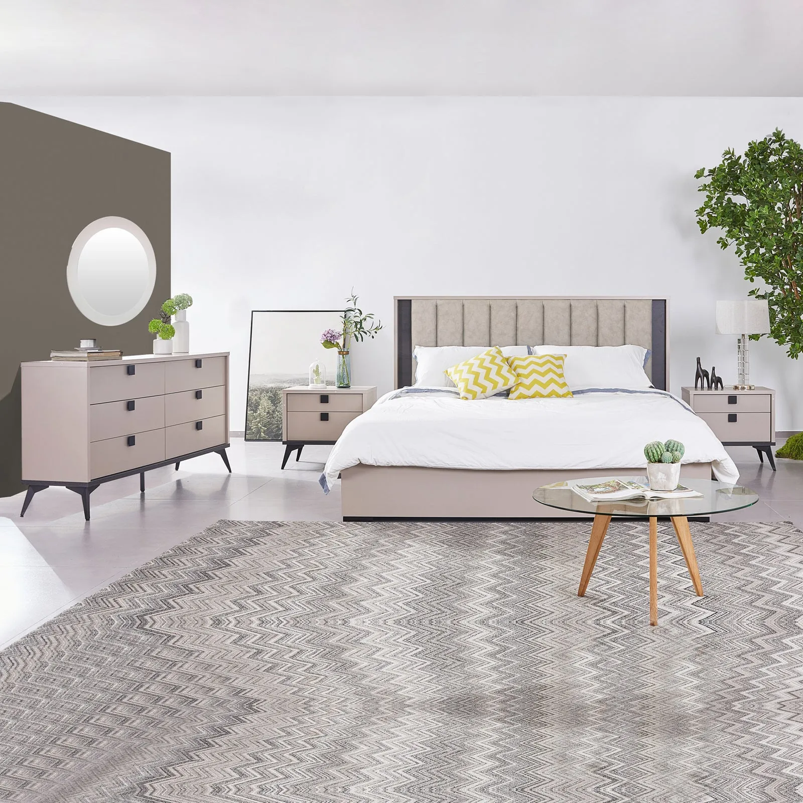 Queen 4 pcs Bedroom Suite with Dresser Fabric Upholstery MDF Combination of Champagne and Black Colour
