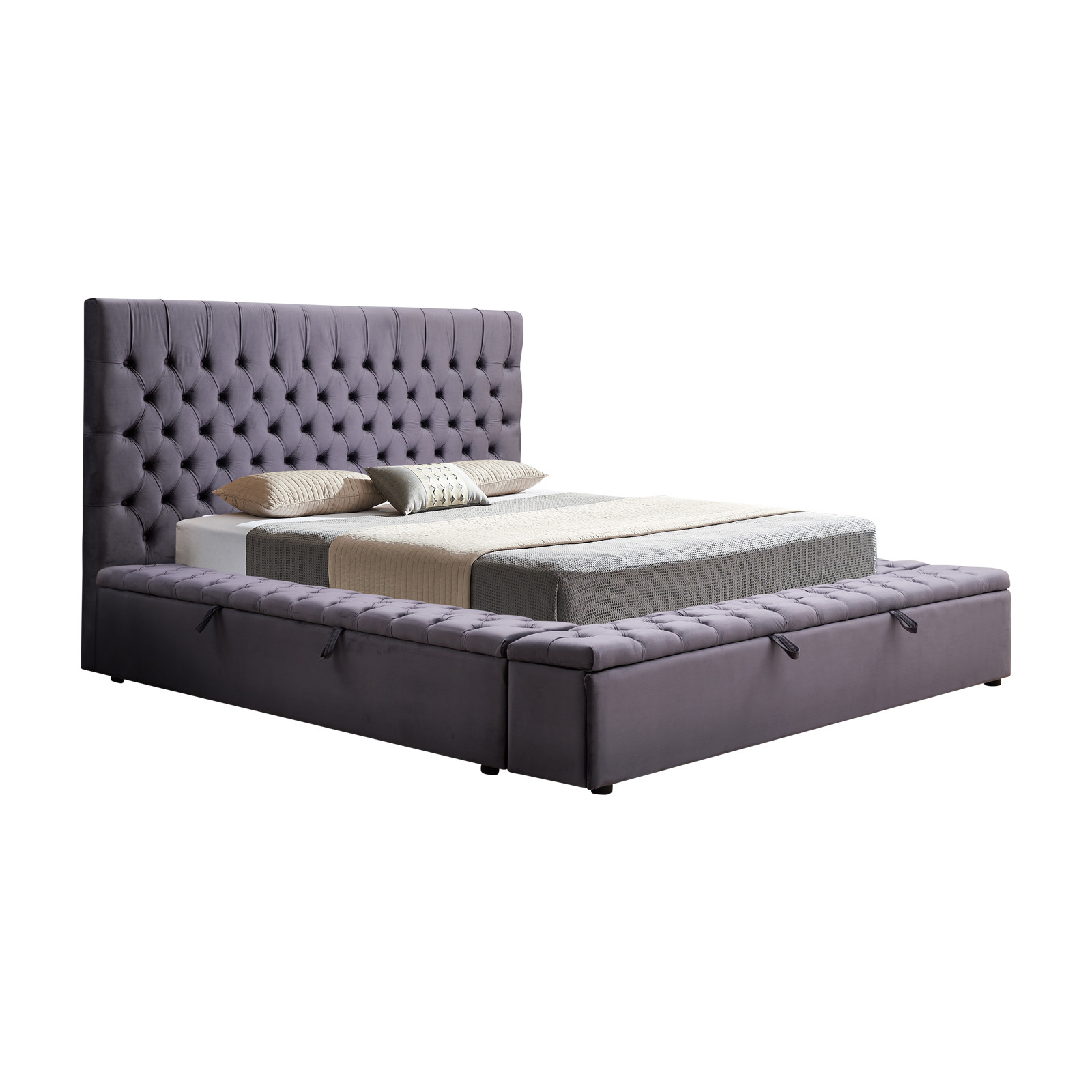 King Bed Frame Velvet Upholstery Dark Grey Tufted Headboard Deep Quilting