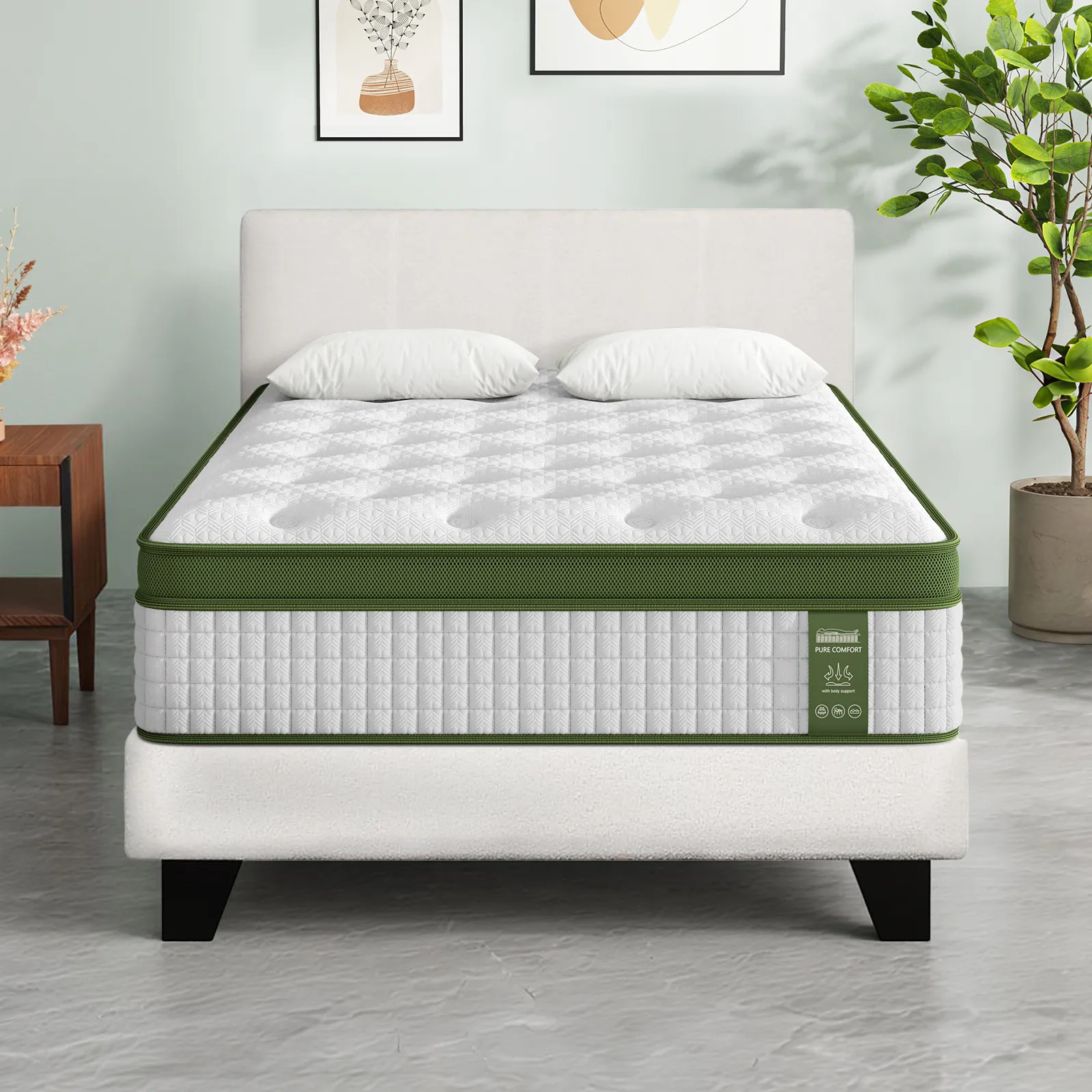 King Single Bed Set with BedStory Hybrid Mattress Upholstered Platform White Boucle Fabric