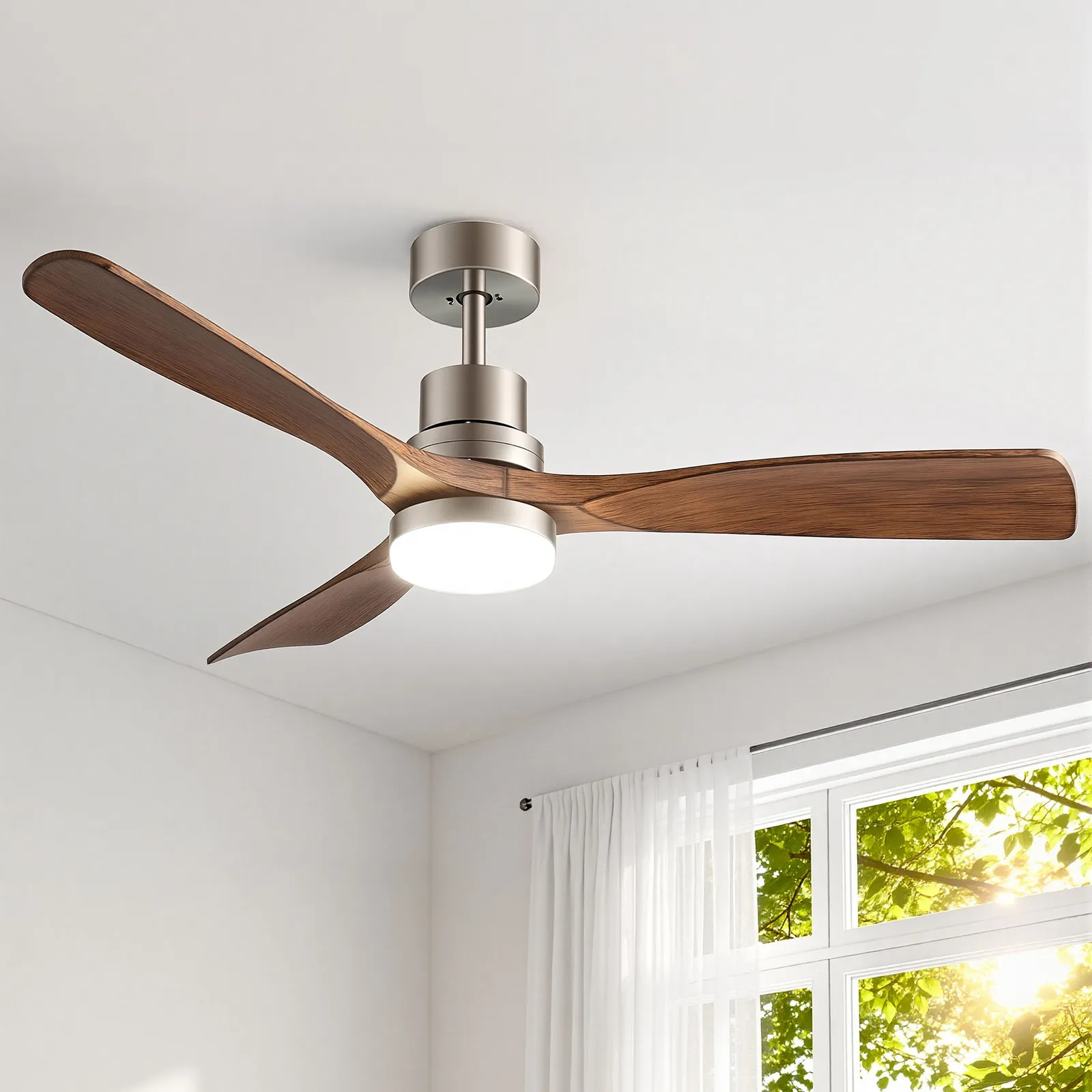 52" Ceiling Fan with Light Remote Control DC Motor Smart App Timber Blades Brown