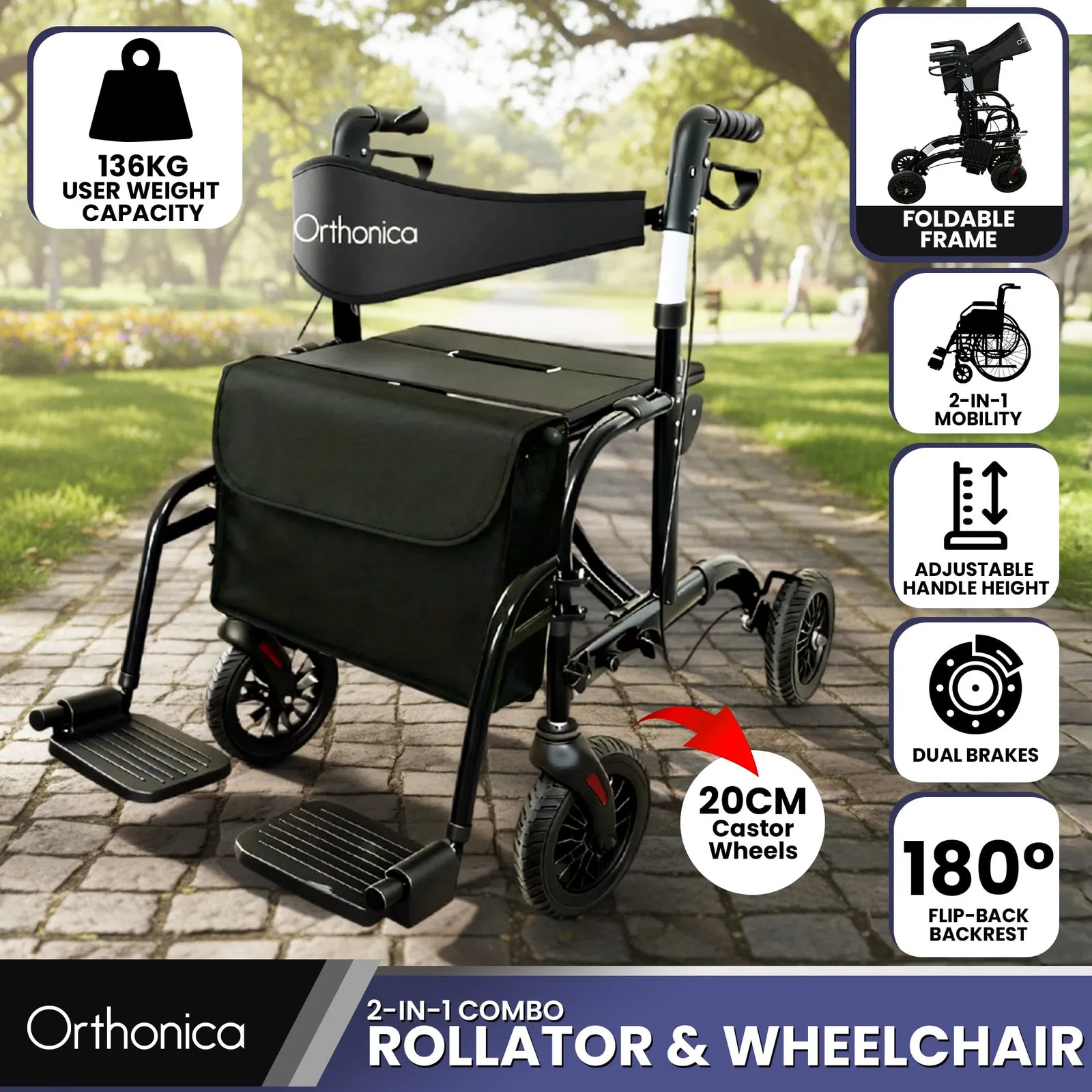 Aluminium 2in1 Rollator Wheelchair with Foldable Frame Black & Silver
