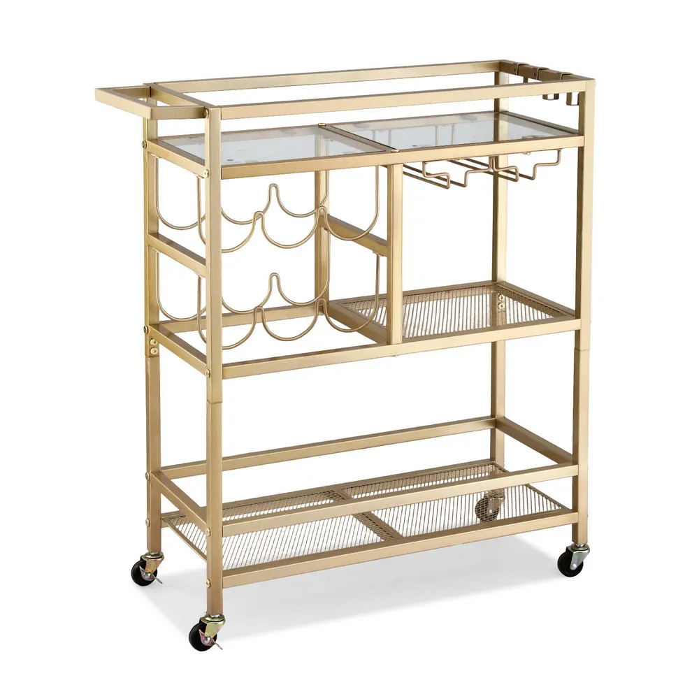 Bar Cart Drinks Trolley Serving Wine Rack Glass Holder 3 Hooks 72cm Gold