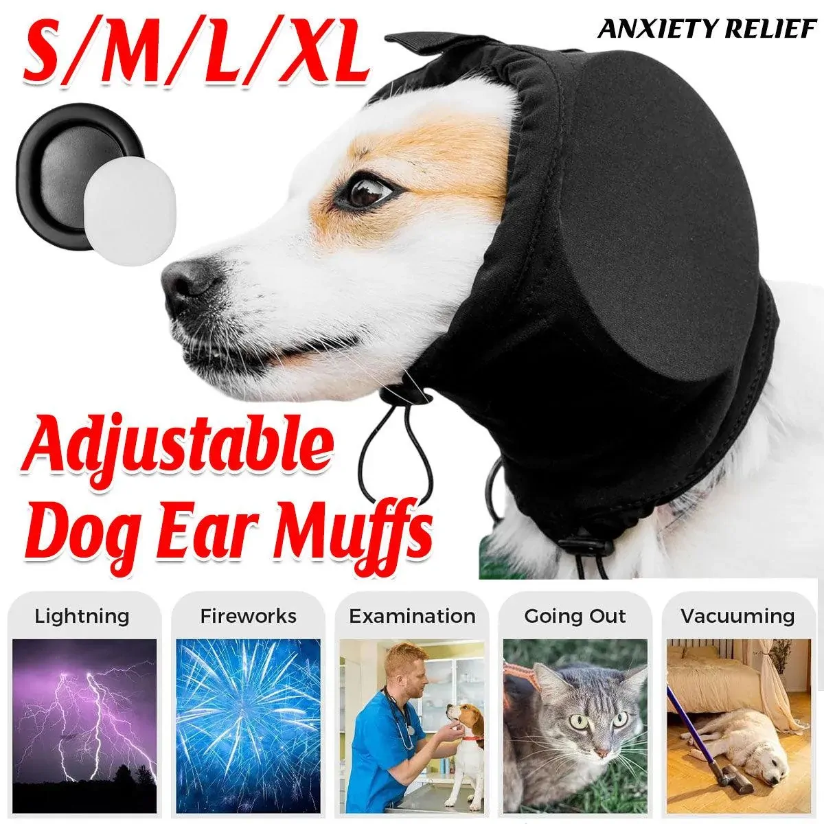Black Adjustable Dog Ear Muffs Noise Reducing Pet Headwrap Protective Ear Cover