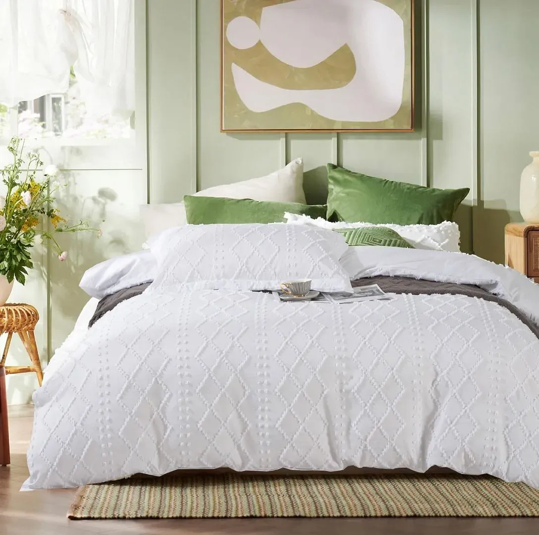 Tufted Boho Embroidery Quilt Doona Duvet Cover Set - White