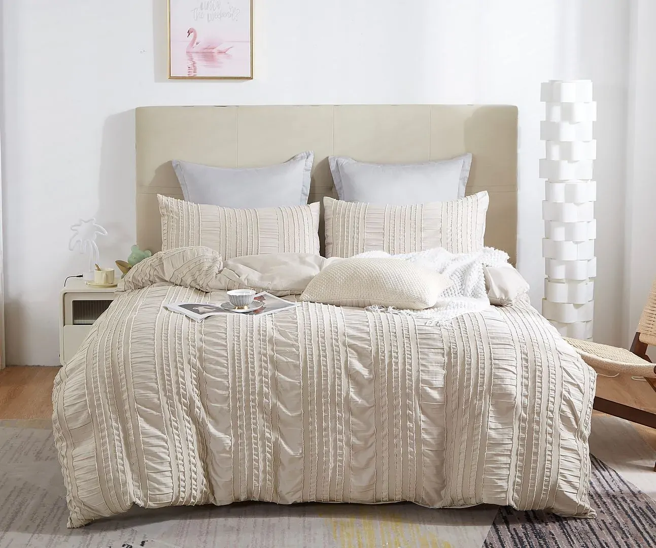 Tufted Boho Striped Embroidery Quilt Doona Duvet Cover Set