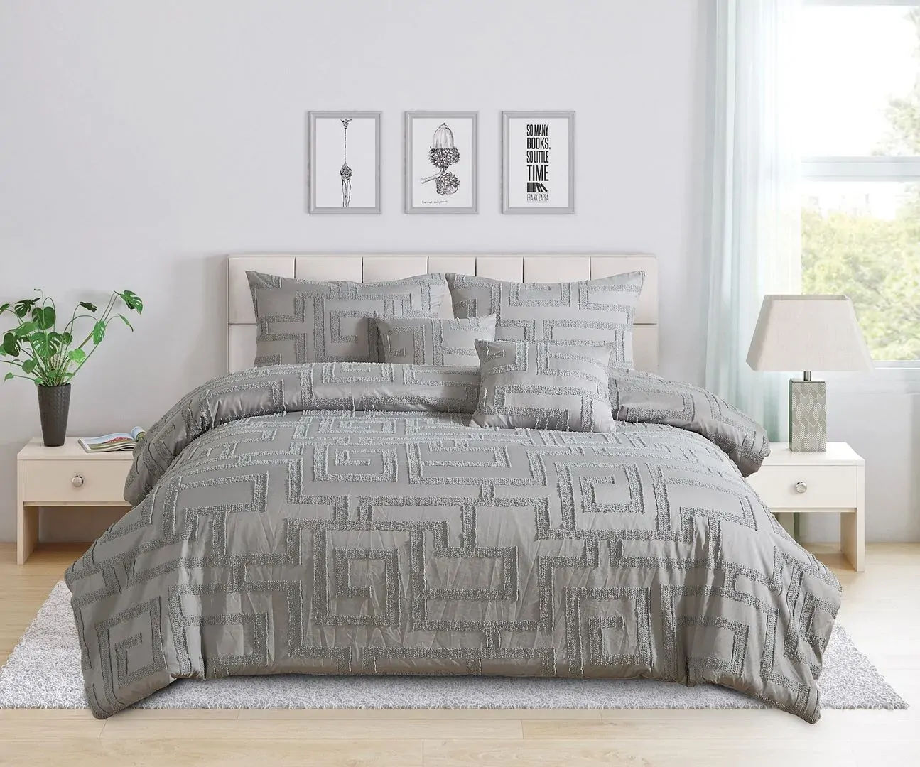 Tufted Jacquard Quilt Doona Duvet Cover Set - Grey
