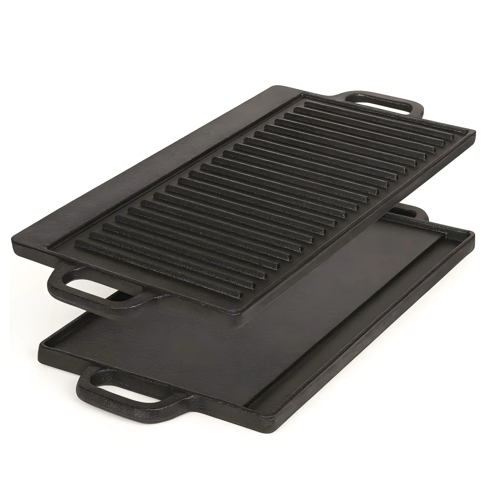 Reversible Cast Iron Grill & Griddle -Dual-Sided (Flat & Ribbed), Pre-Seasoned, Handles, for Stove-Top & Outdoor Use
