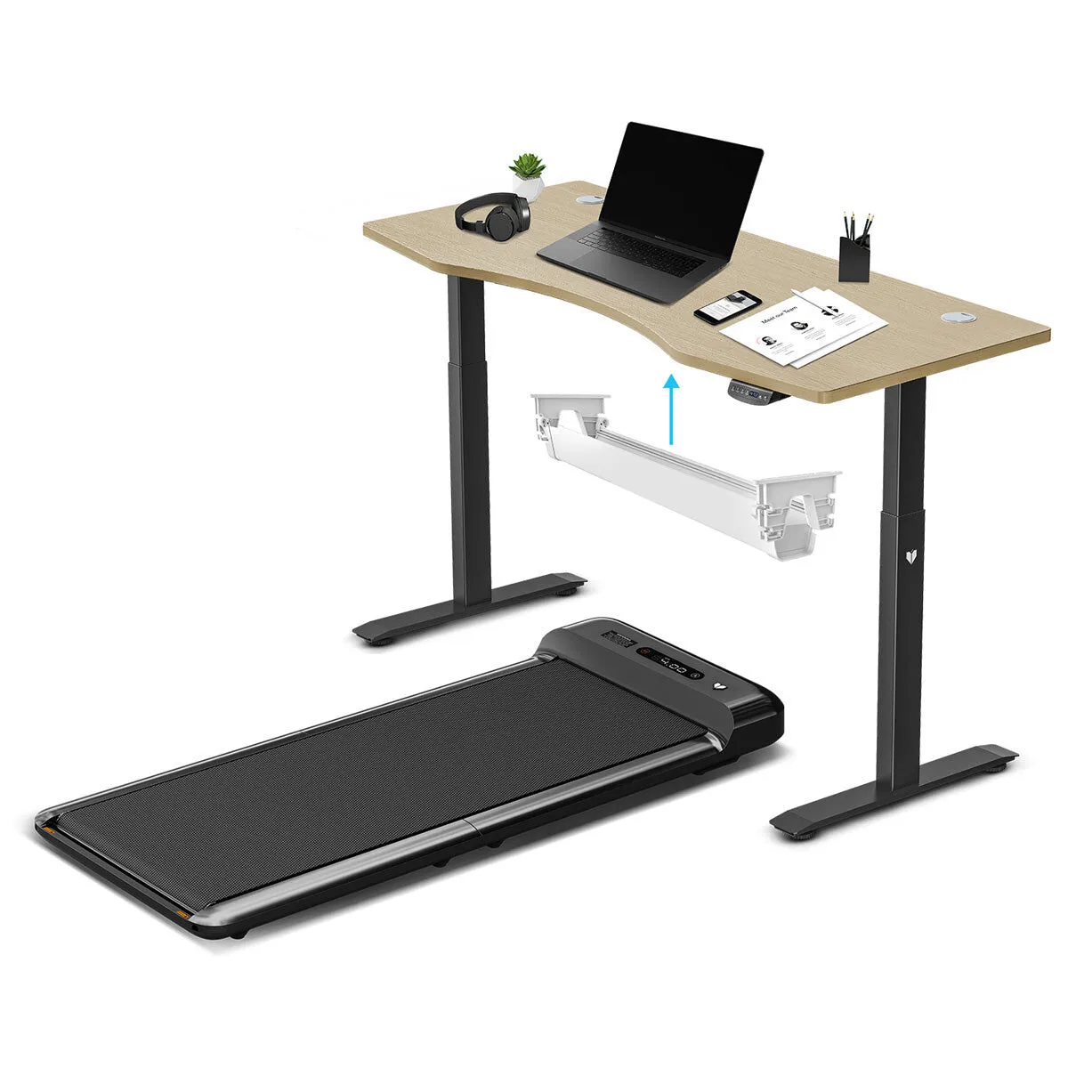 WalkingPad M2 Treadmill with ErgoDesk Automatic Oak Standing Desk + Cable Management Tray