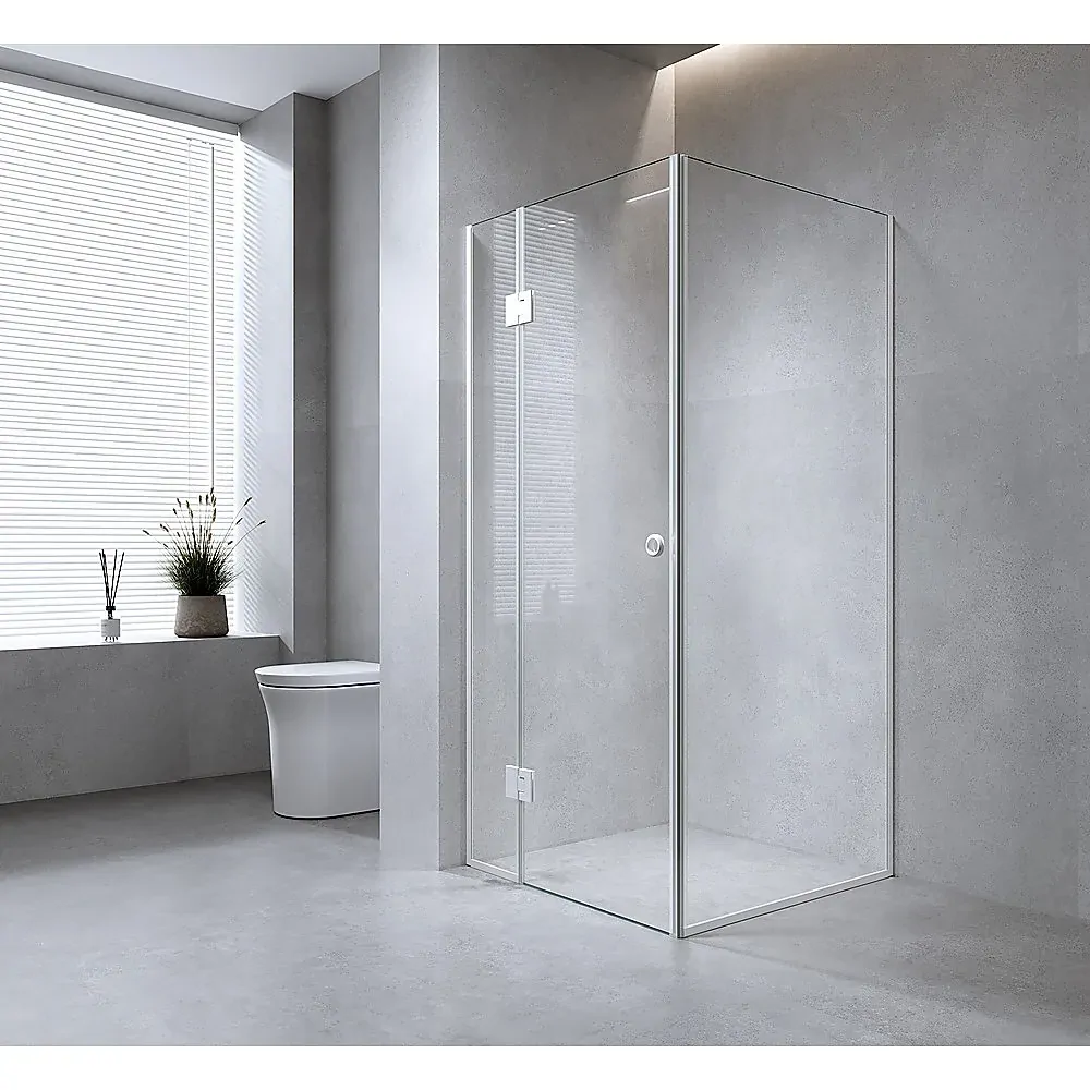 90 by 70cm Corner Frameless Shower Screen with Gunmetal Channel and SS Hinges, Round Handle