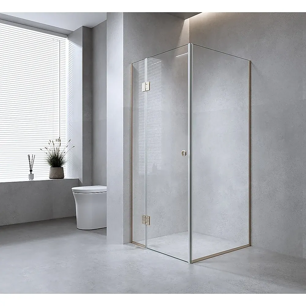 90 by 80cm Corner Frameless Shower Screen with Gunmetal Channel and Brass Hinges, Round Handle