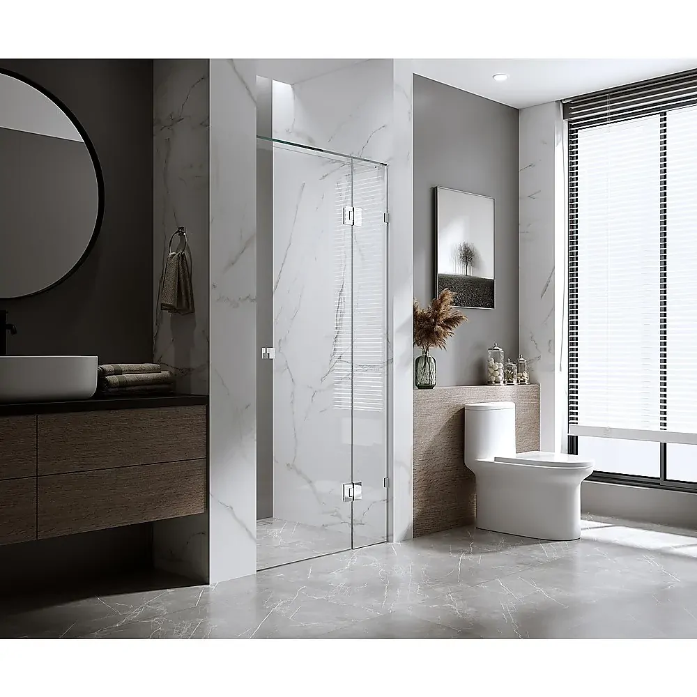 Wall to Wall Frameless Shower Screen with White Brackets and SS Hinges, Square Knob Handle