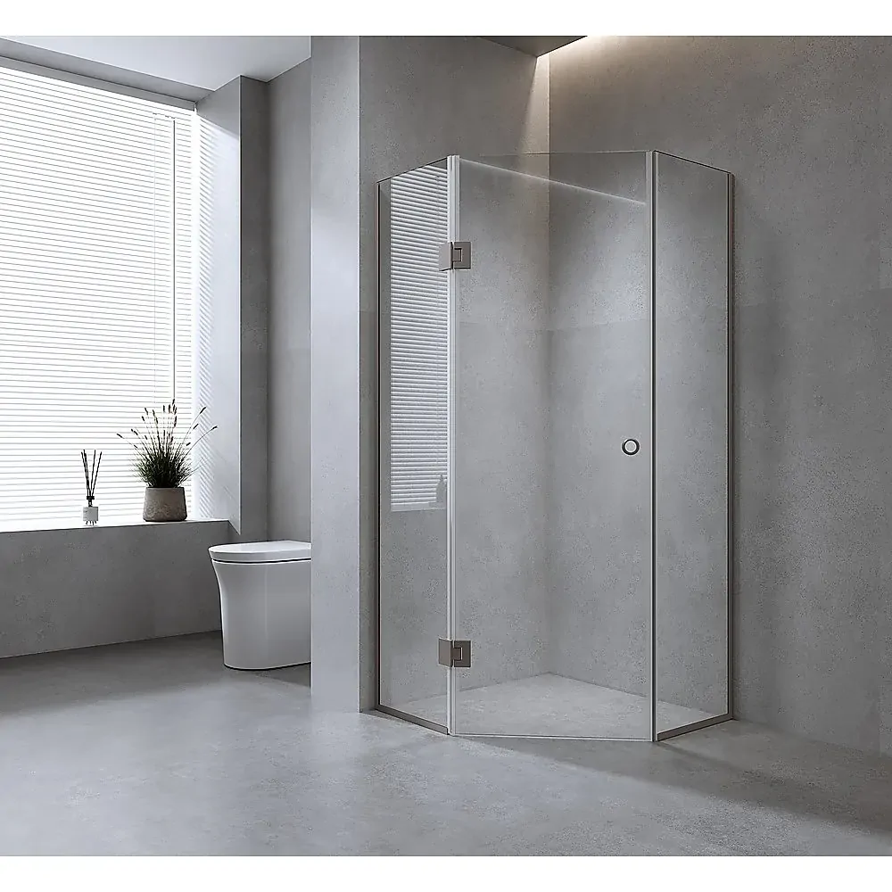 Frameless Diamond Shower Screen with Gold Channels and Hinges & Round Handle