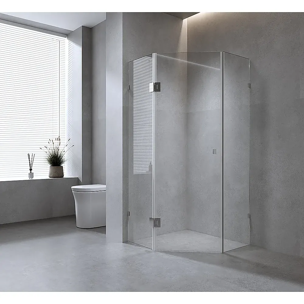Frameless Diamond Shower Screen with Black Brackets and Hinges, Square Knob Handle