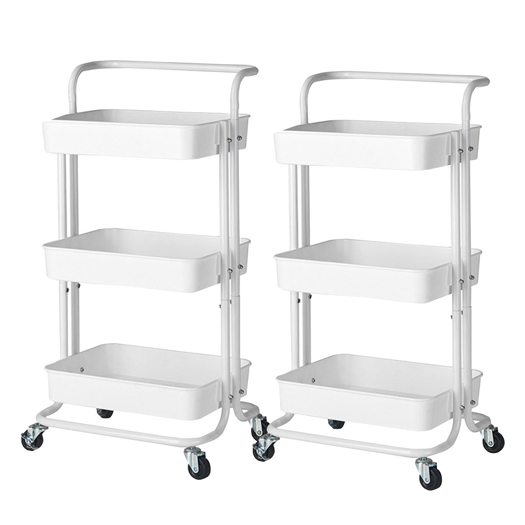 2X 3 Tier Steel White Movable Kitchen Cart MultiFunctional Shelves