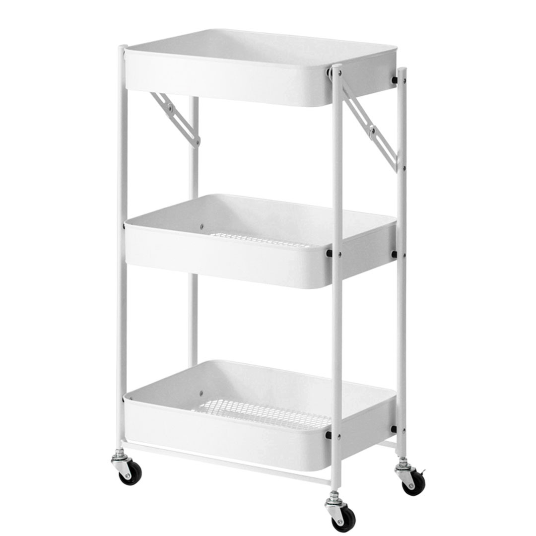 3 Tier Steel White Foldable Kitchen Cart MultiFunctional Shelves