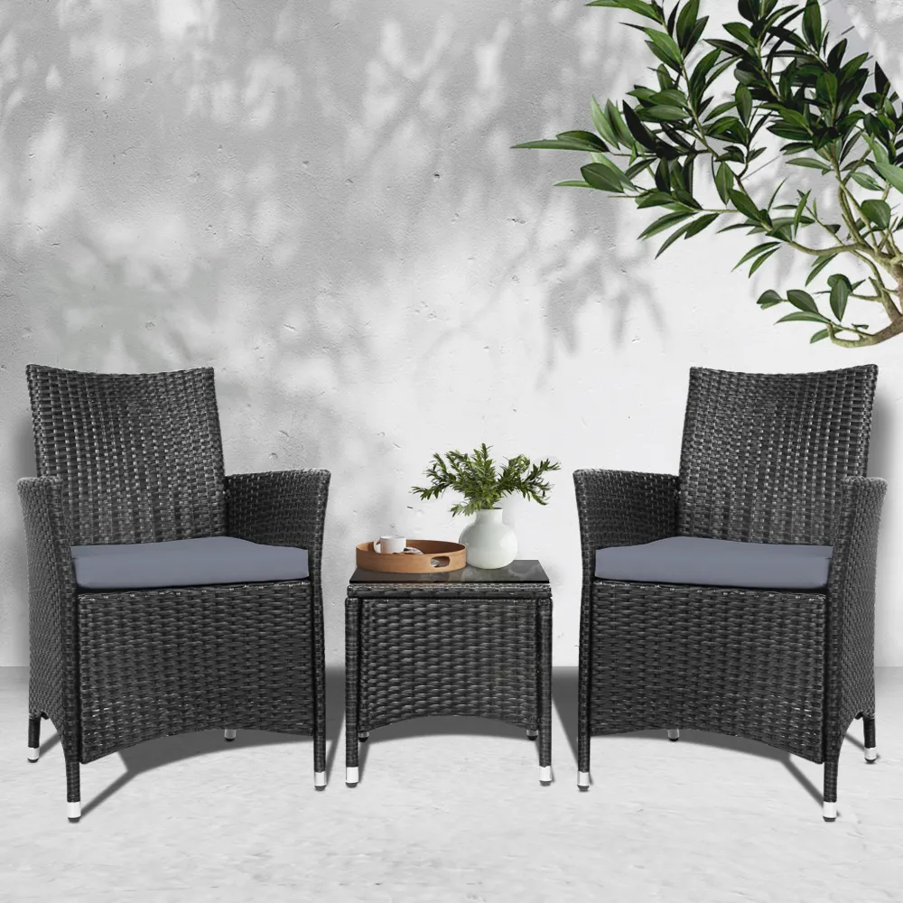 3PC Outdoor Bistro Set Patio Furniture Wicker Chairs Table Cushion All Black