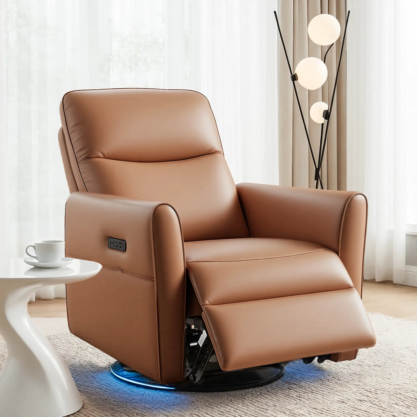 Swivel Recliner Chair Leather Rocking Reclining Sofa‚Äã with Charging Ports LED Brown