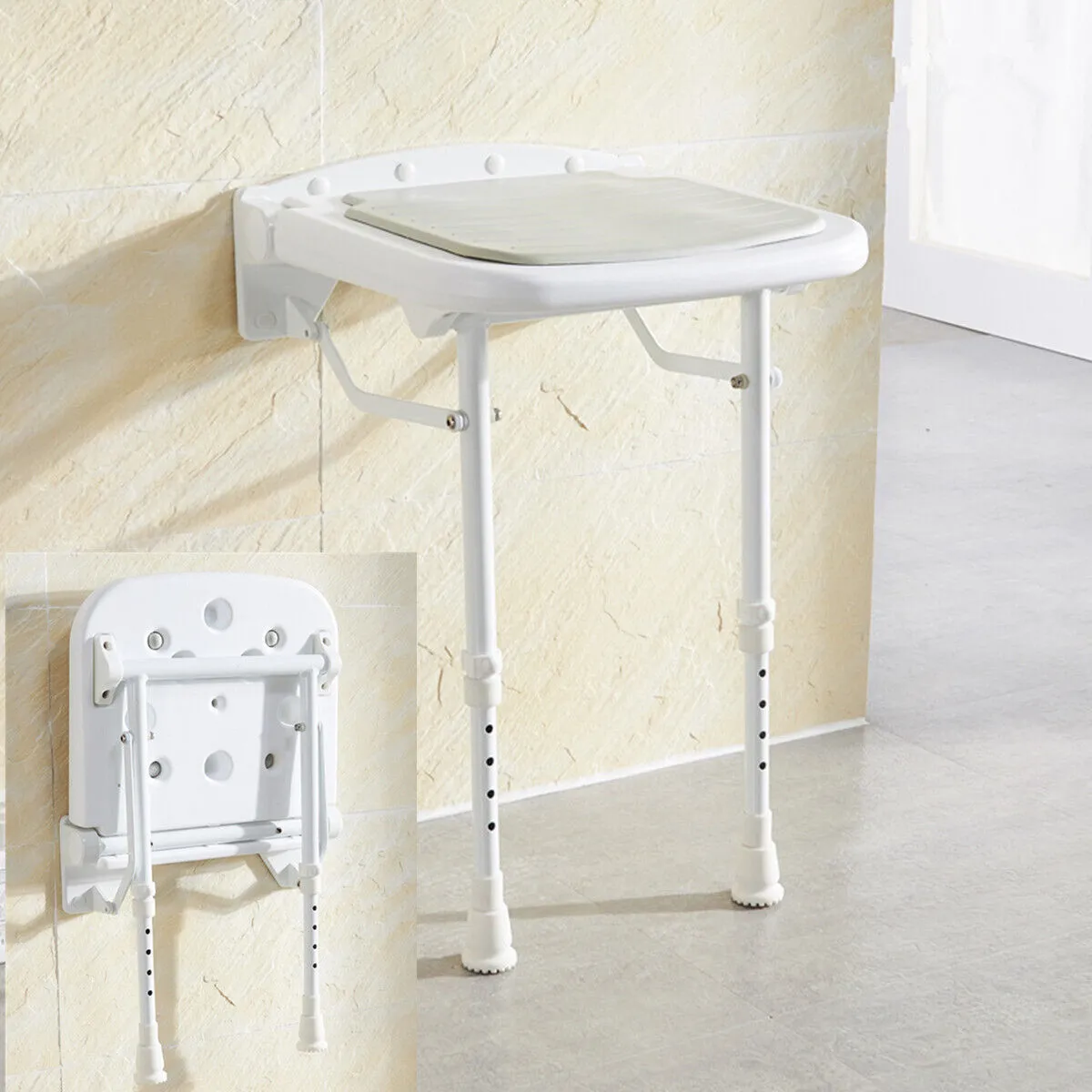 Wall-Mount Foldable Shower Chair, Adjustable, Non-Slip Feet