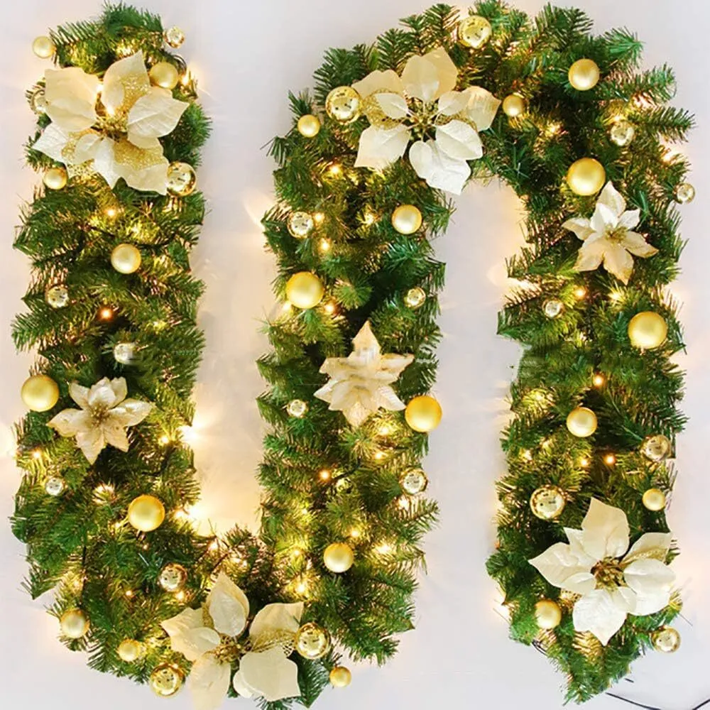 Gloden 9FT Xmas Christmas Garland Artificial Wreath with LED Lights Stairs Home Rattan