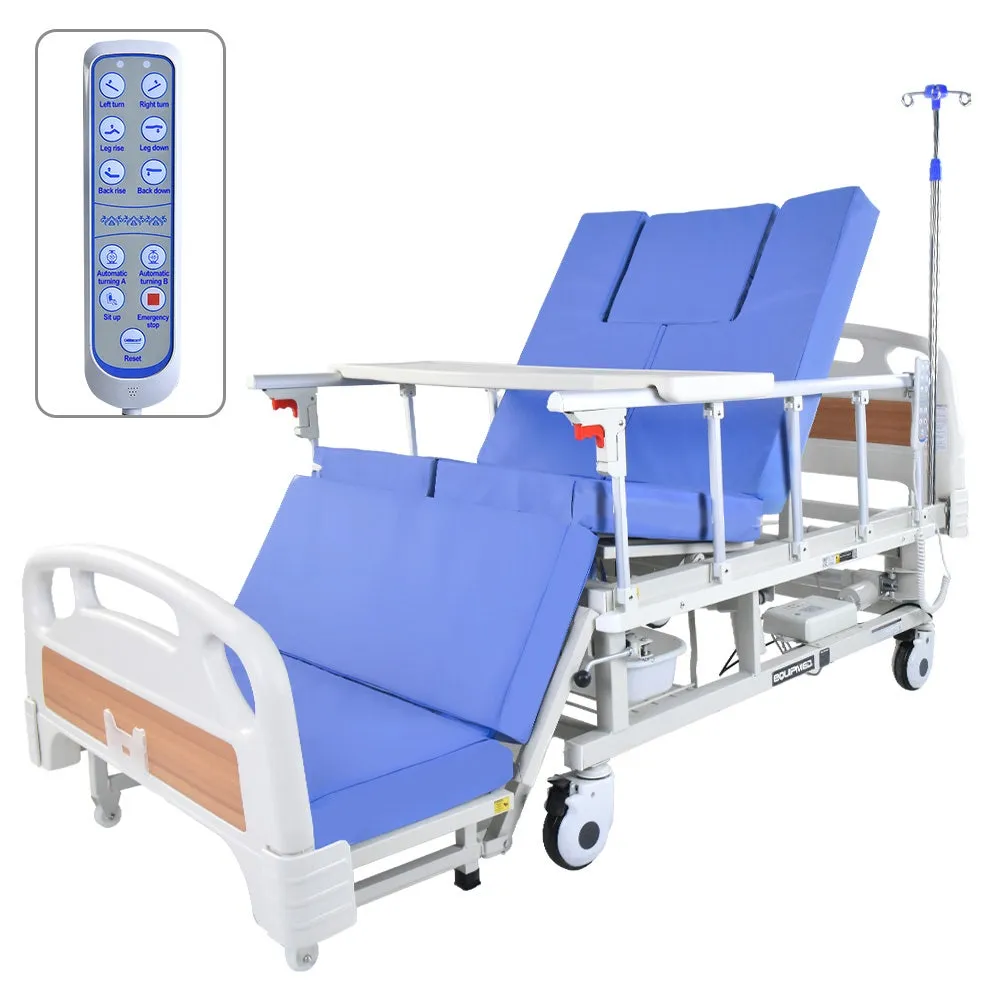 Electric 8 Function Medical Bed, w/ Mattress & Over Bed Table, Adjustable Back and Leg Lifting, Lateral Tilting, Commode Bowl, IV Pole