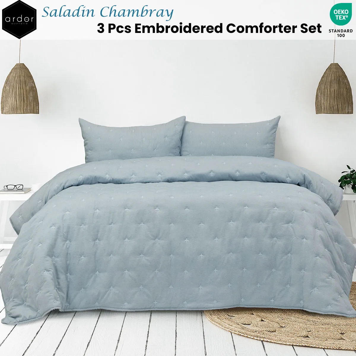 Saladin Chambray 3 Pcs Embroidered Comforter Set Queen/King