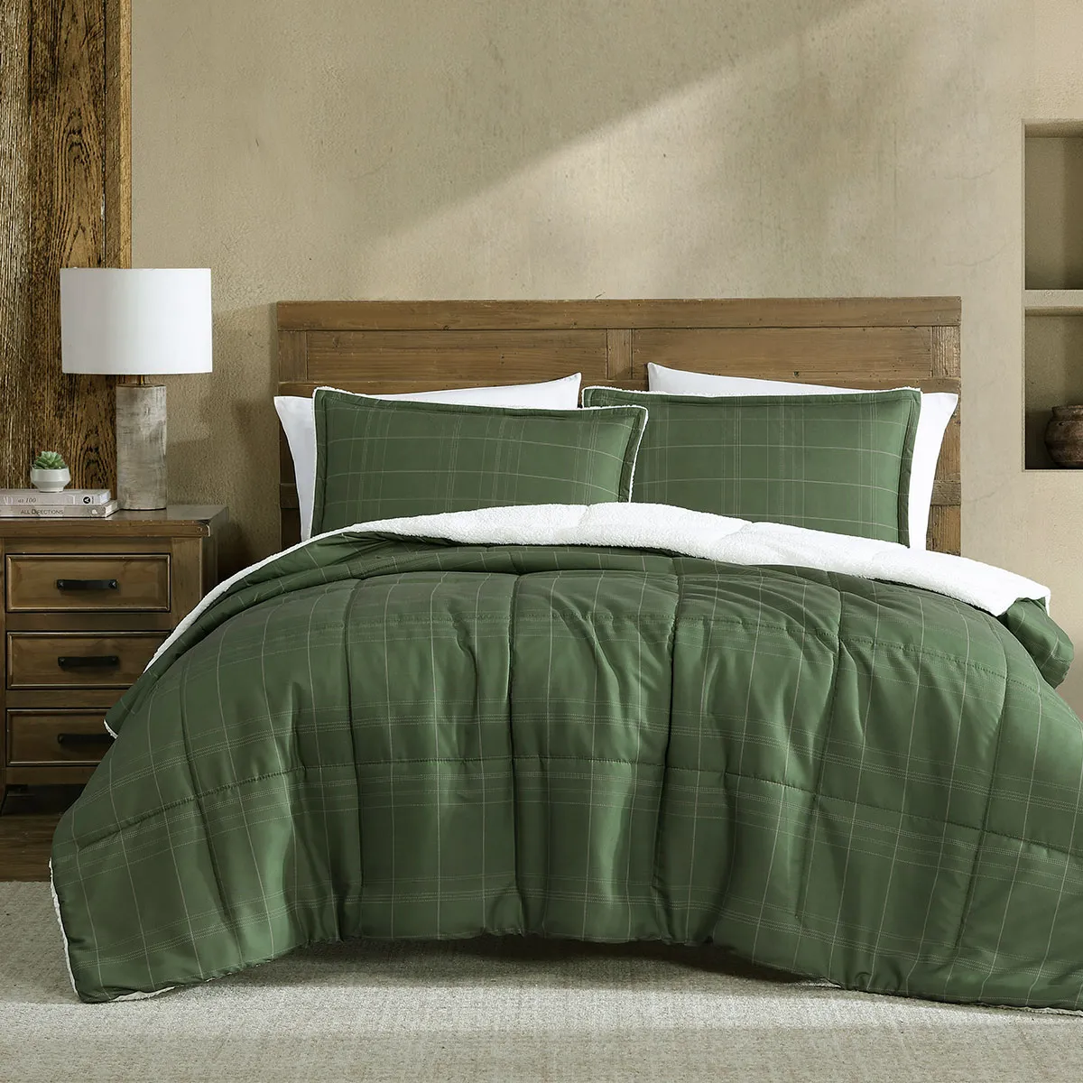 3 Pcs Cammy Deep Khaki Comforter Set with Sherpa Reverse Queen/King