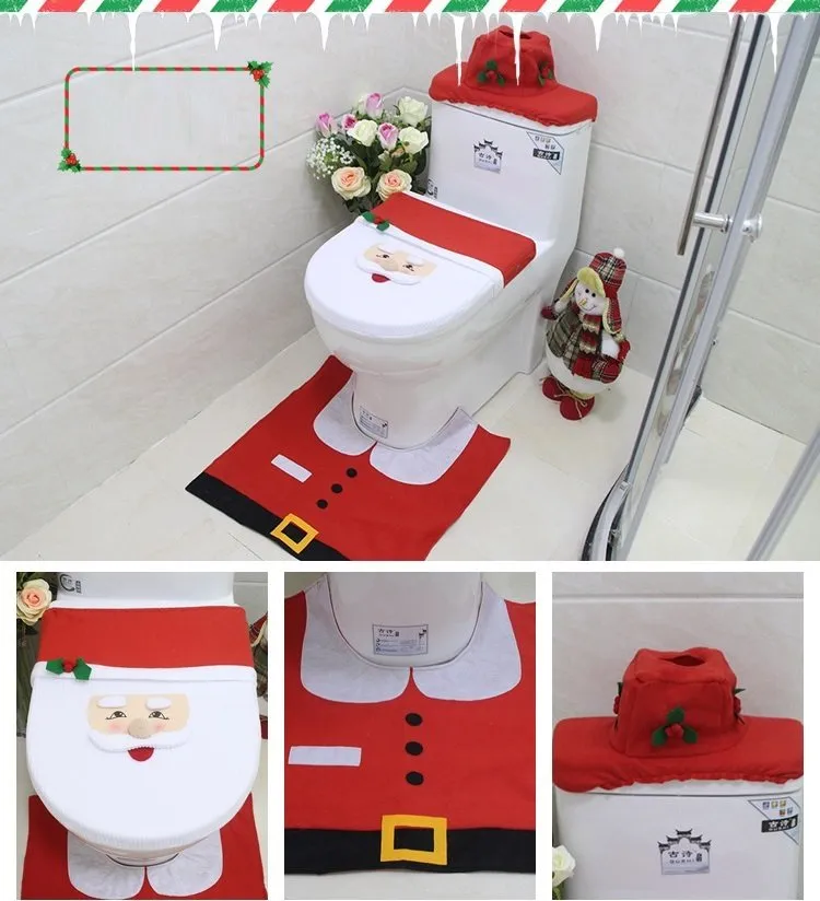4pcs Christmas Toilet Seat Cover Rug Bathroom Set Santa Snowman Xmas Home D√©cor, Santa