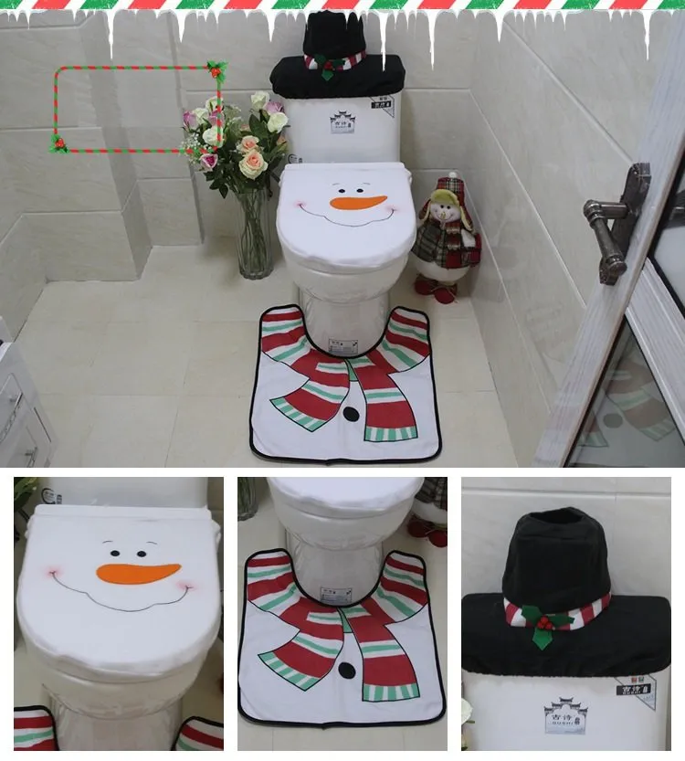 4pcs Christmas Toilet Seat Cover Rug Bathroom Set Santa Snowman Xmas Home D√©cor, Snowman A