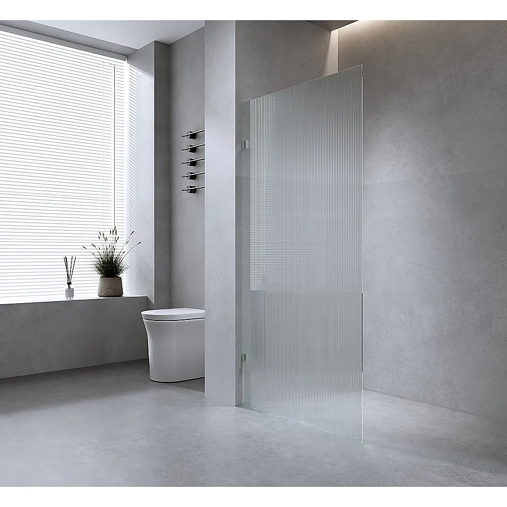 110cm Reeded Glass Shower Screen with Nickel F-Brackets and Round Pole