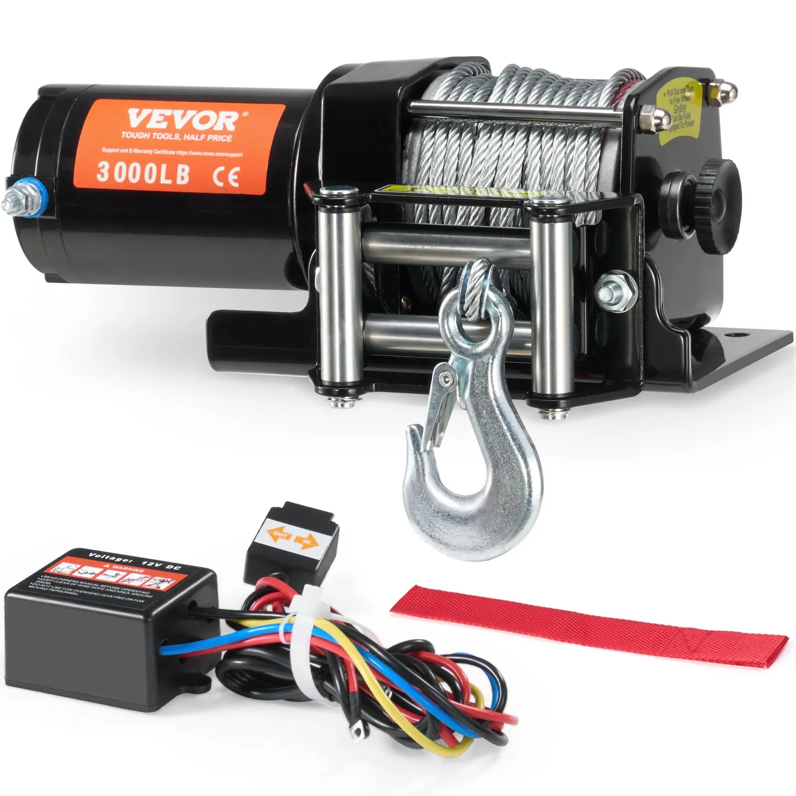 Electric Winch, 1361 kg Line Pull Capacity, 12V DC ATV/UTV Winch with Œ¶0.5 x 1188.7 cm 7 Strands Steel Cable Roller Fairlead Wired Remote Control, IP