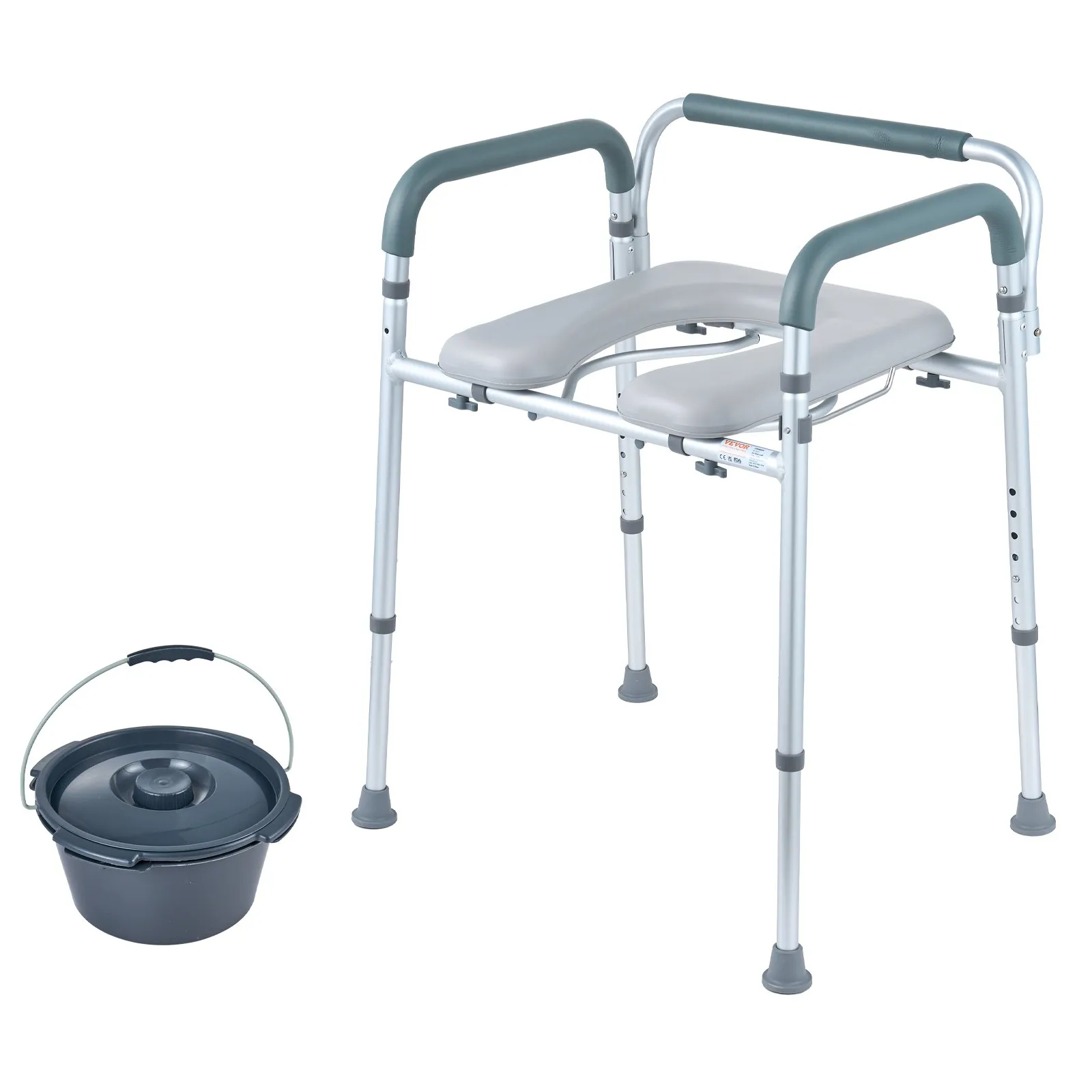 Commode Chair, Bedside Commode with Padded Seat and Arms, 7-Level Adjustable Height, 5.8L Removable Bucket, Easy to Assemble, 350 LBS Capacity, Raised