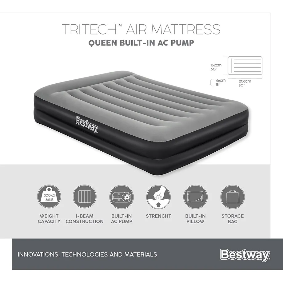 2.03m x 1.52m x 46cm Tritech Air Mattress Queen Built-in AC pump