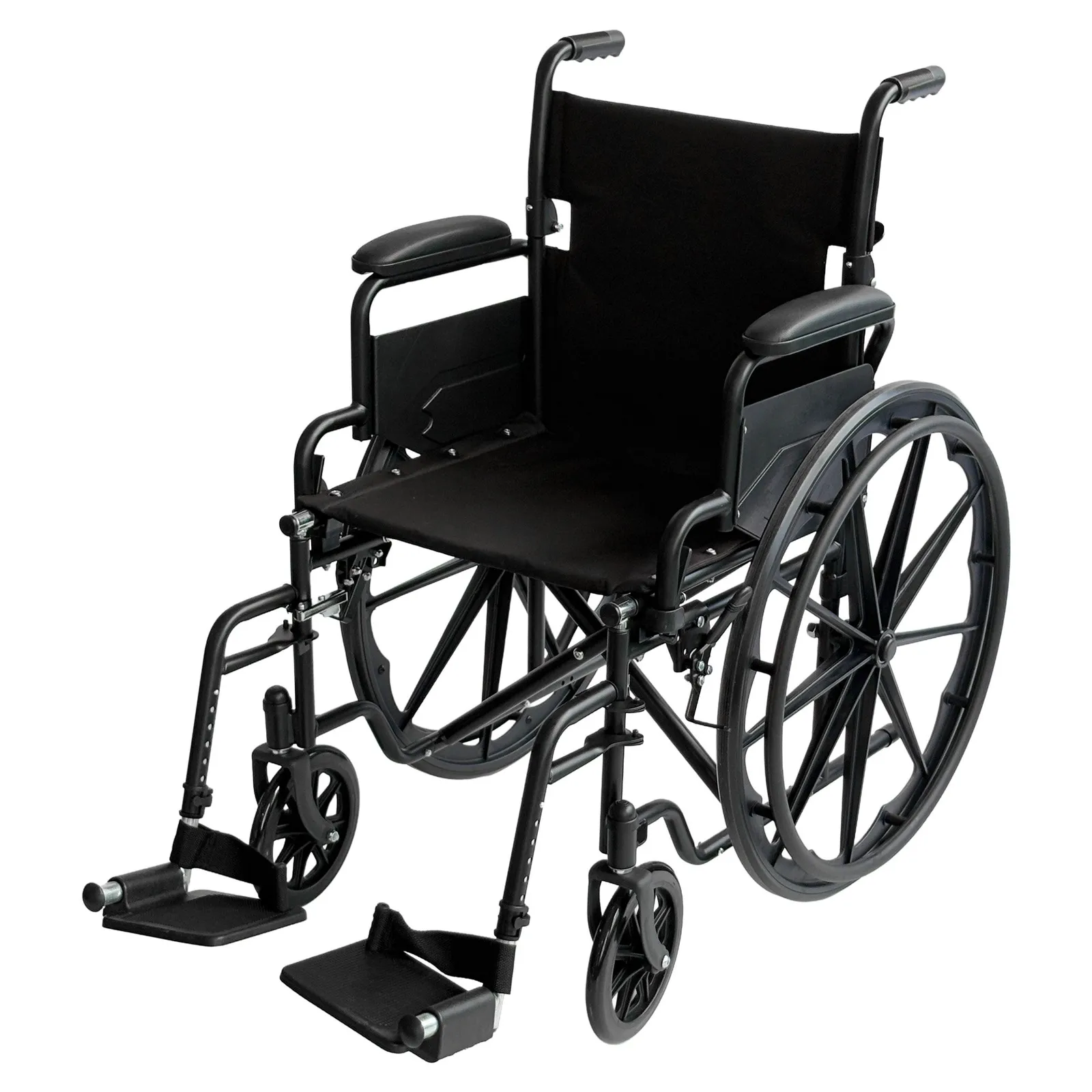 24in Foldable Steel Wheelchair in Black Steel Frame Heavy-Duty Disability Aid