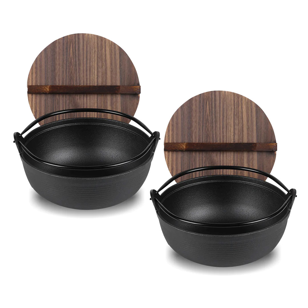 Olla de hierro fundido Sukiyaki Tetsu Nabe - Olla de estilo japonés Shabu Shabu Olla Nabe Hot Pot con tapa de madera para acampar al aire libre Cocinar-7.9 in