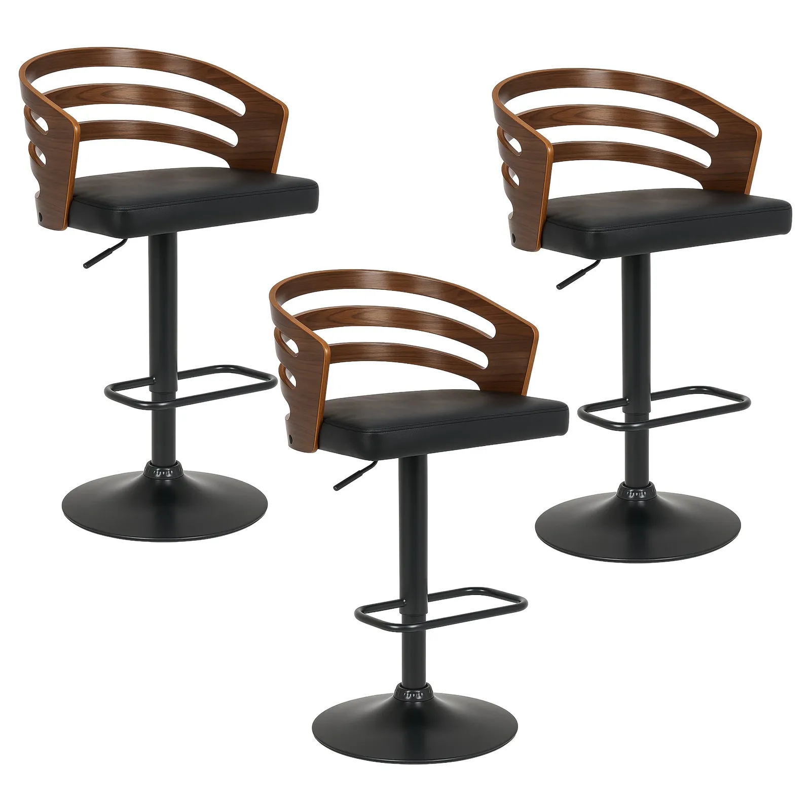 Set of 3 Bentwood Walnut Barstool Leather Seat and Metal Base