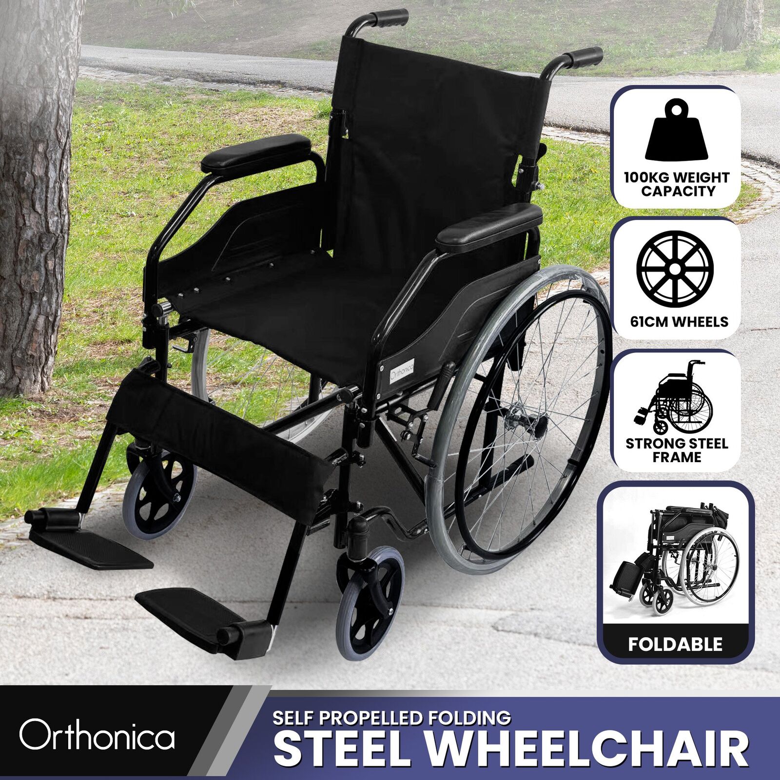 24in Self Propelled Foldable Steel Wheelchair - Black