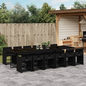 13 Piece Garden Dining Set with Cushions Black Poly Rattan
