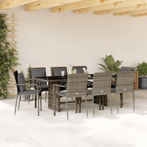 9 Piece Garden Dining Set with Cushions Grey Poly Rattan