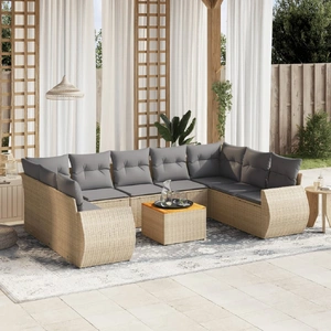 10 Piece Garden Sofa Set with Cushions Beige Poly Rattan