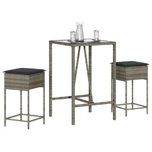 3 Piece Garden Bar Set with Cushions Grey Poly Rattan