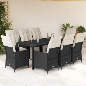 9 Piece Garden Dining Set with Cushions Black Poly Rattan