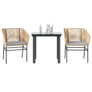 3 Piece Garden Dining Set with Cushions Brown Poly Rattan Glass