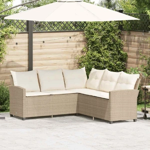 L-shaped Couch Sofa with Cushions Beige Poly Rattan