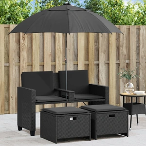 Garden Sofa 2-Seater with Parasol and Stools Black Poly Rattan